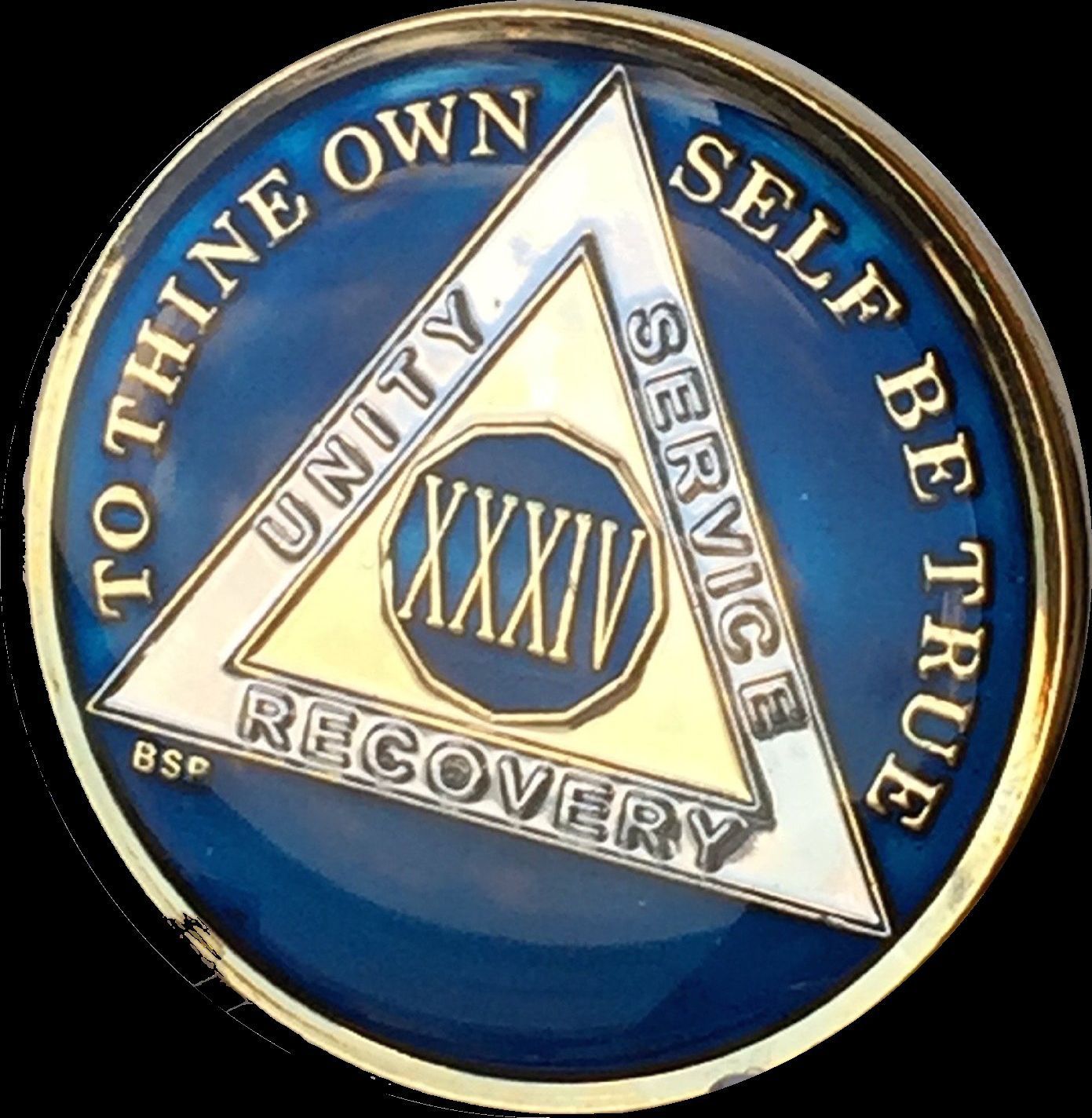 34 Year Midnight Blue AA Medallion Alcoholics Anonymous Chip Gold Tri-Plate one
