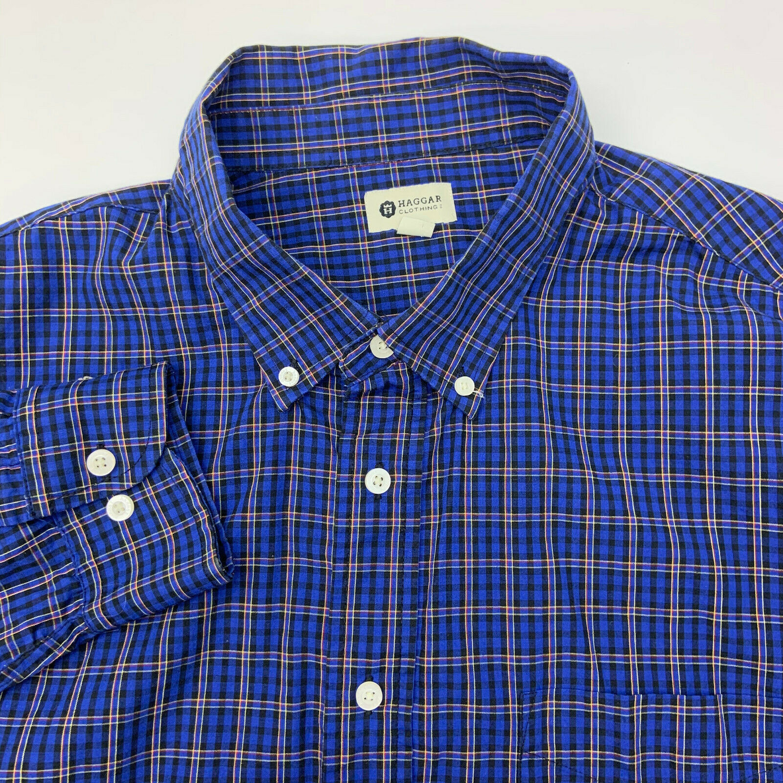 Haggar Button Up Shirt Mens XXL Blue Plaid Long Sleeve Casual - Casual ...
