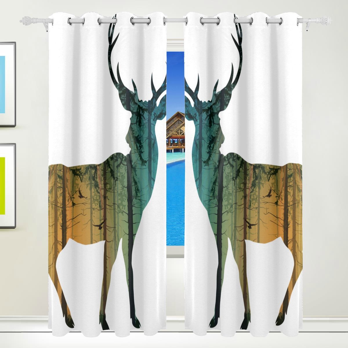 Panel Bedroom Curtains Romantic Elegant Peaceful Deer Print Block