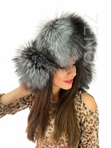 Silver Fox Fur Ushanka Hat with Leather Trapper Aviator Hat Saga Furs Natural image 1