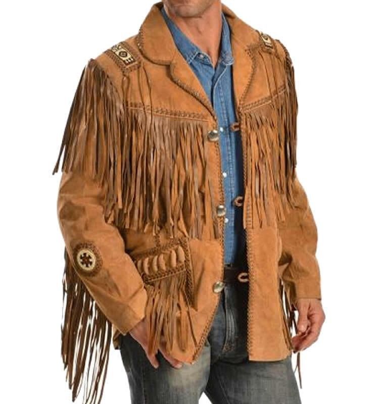 Men's Brown Traditional Western Leather Jacket coat With Fringe Bone ...