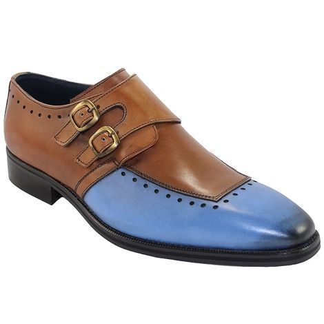 Men,s Blue Brown Monk Double Buckle Straps Original Leather Toe Men Shoes 2019