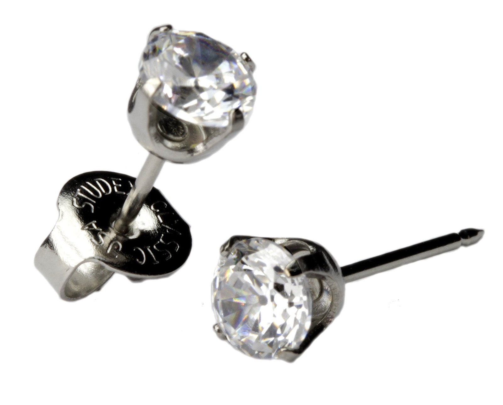 Ear Piercing Studs Earrings Silver 5mm Clear CZ Stainless Steel Studex