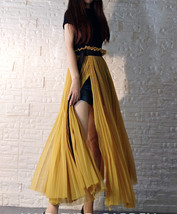 Women Yellow Long Tulle Skirt Side Slit High Waisted Pleated Tulle Skirt Outfit image 4