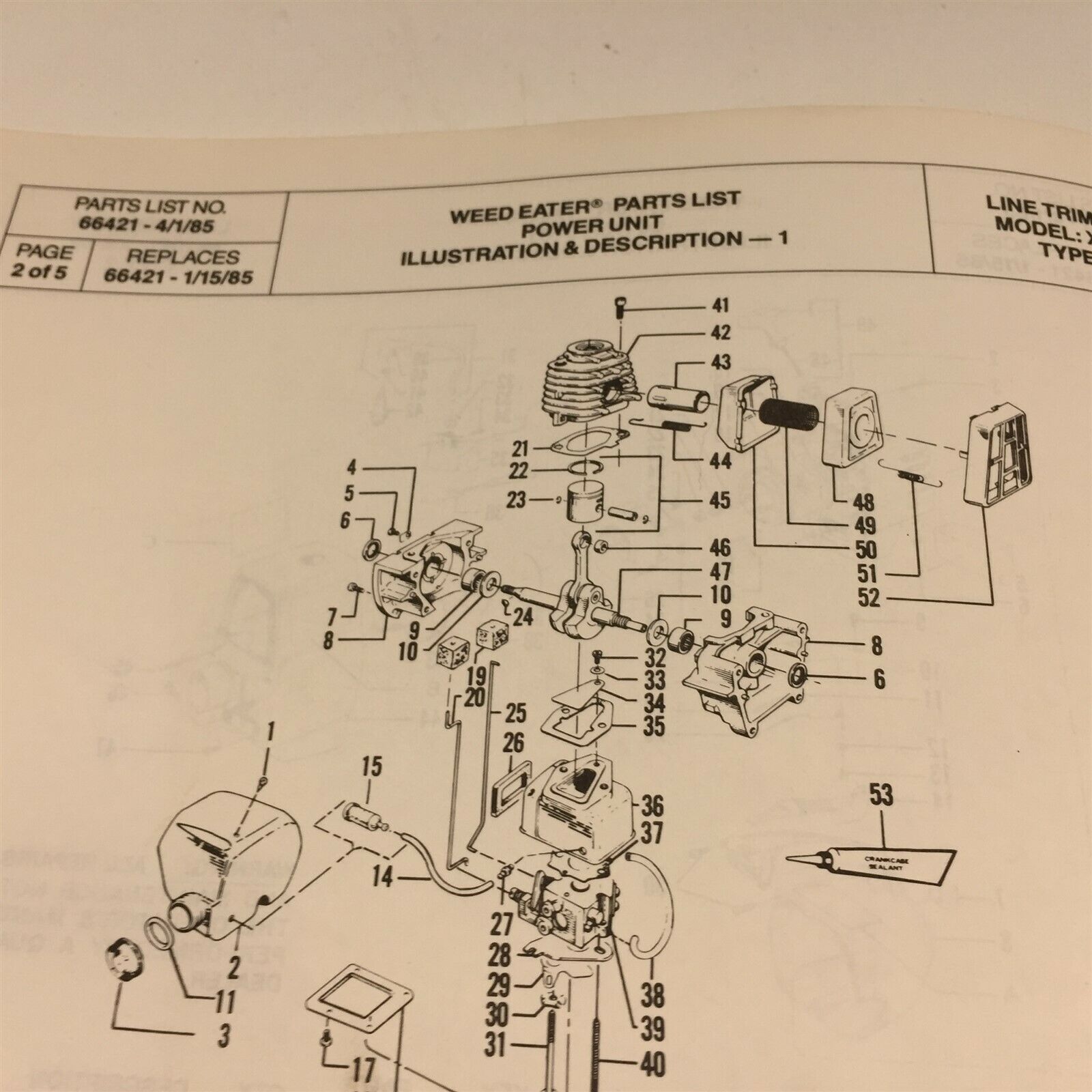 1985 Weed Eater Model XR-50 Type 2 Line Trimmer Parts List 66421 ...