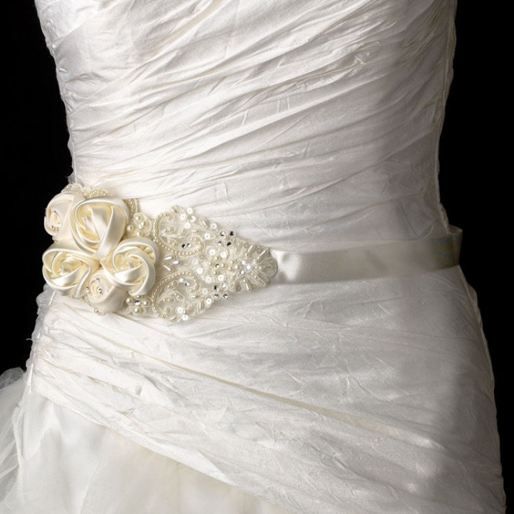 Bridal Sash Belt with Intricate Rhinestone & Pearl Beaded Lace Flower Ivory colo