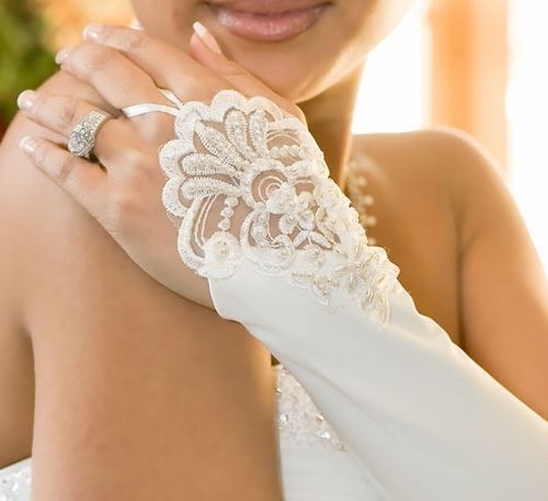 Fingerless Bridal Gloves Satin Below the Elbow Wedding Gloves w/ Pearls Sequins