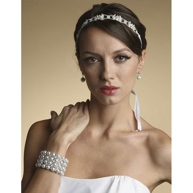 Elegant Silver Bridal Ribbon Headband with Crystals White Satin color