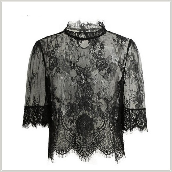 Victorian Collar Sheer Black Floral Eyelash Lace Renaissance Princess Blouse