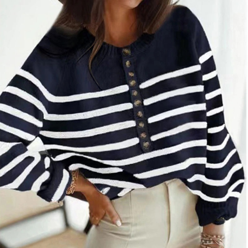 New navy blue striped long sleeve women sweater oversized jumper winter pullover