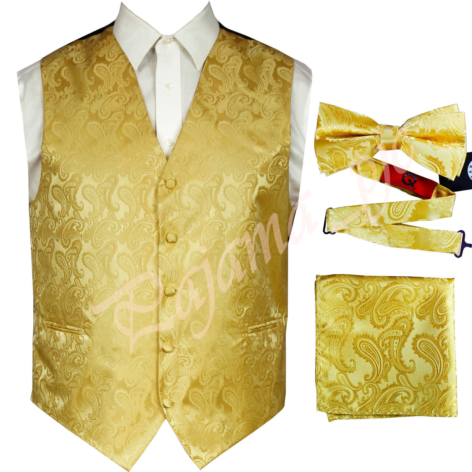 Stand Out In Gold: Men's Paisley Tuxedo Vest Set With Bow Tie – Sizes XS To 6XL For Wedding & Prom