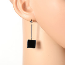 Silver Tone Drop Earrings, Jet Black Inlay & Dangling Square - $26.99