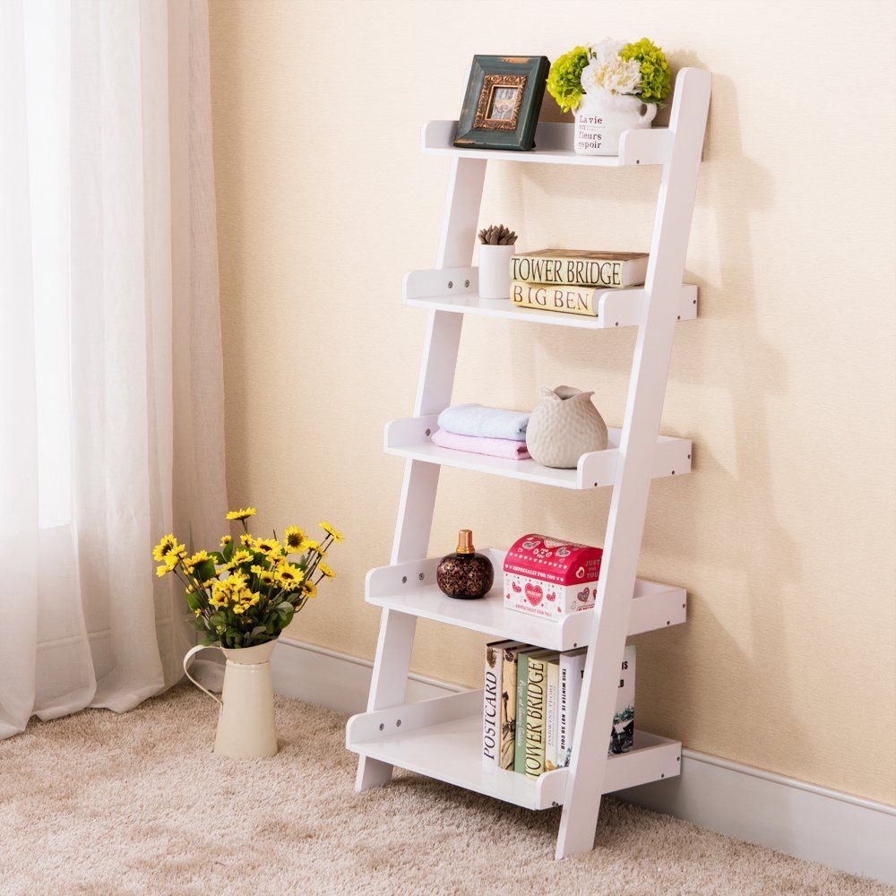 Unique White Leaning Bookcase for Small Space