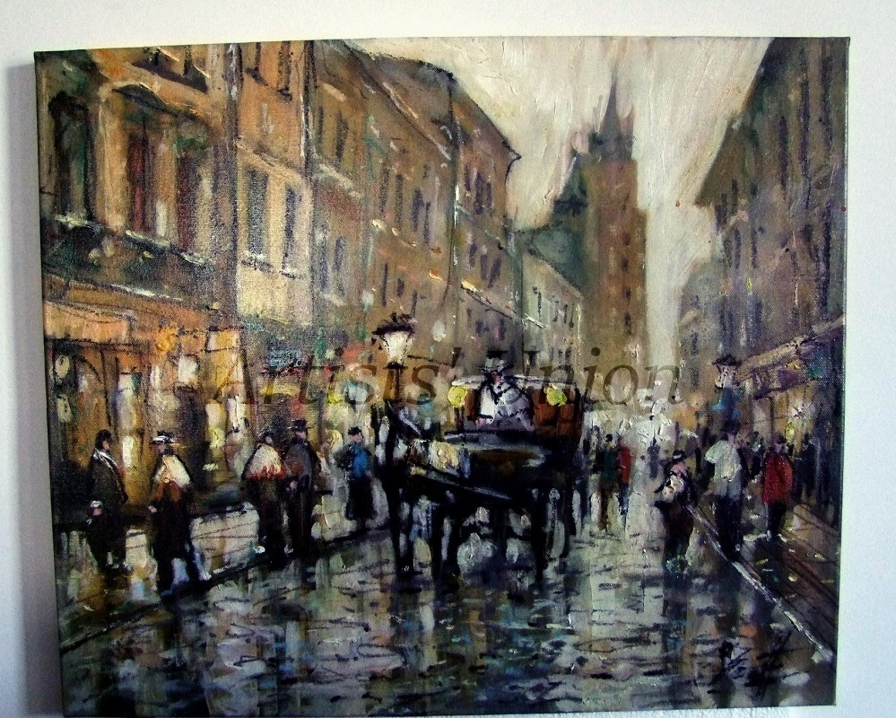 Old Town Cityscape Original Oil Painting People Cab Evening Street