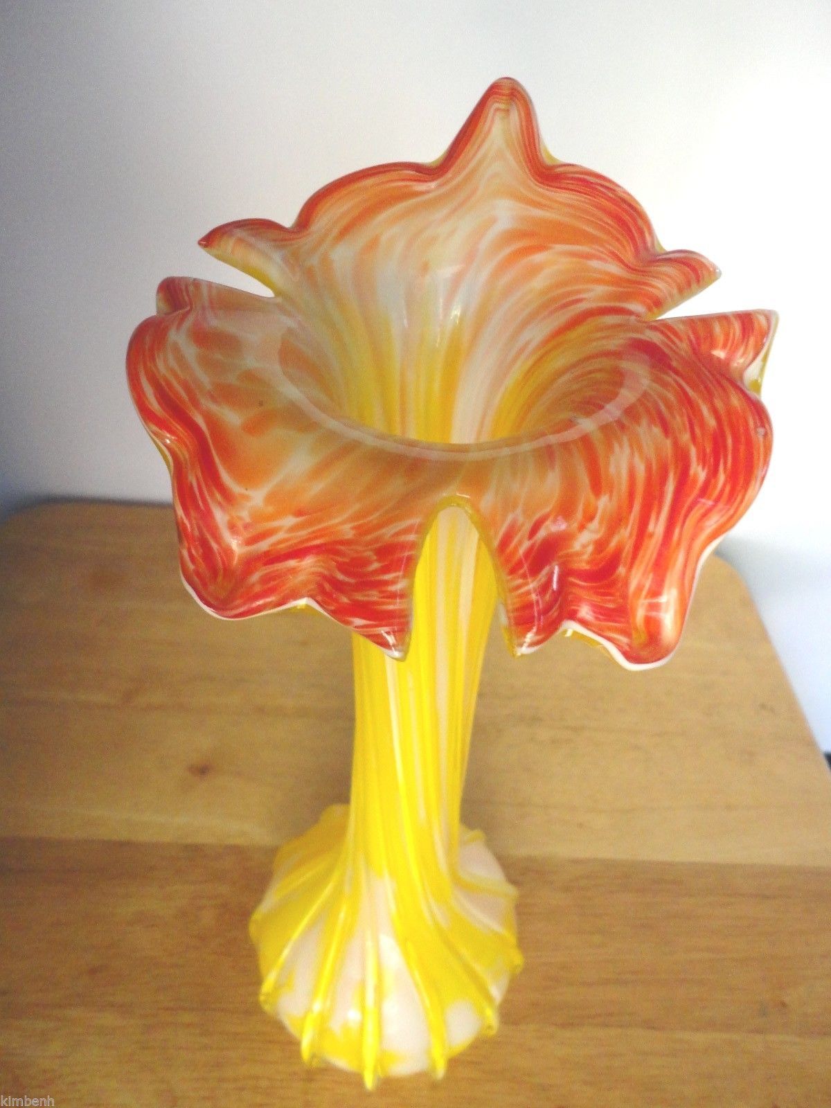 Elegant Murano Cased Blown Glass Flower Vase Yellow White Orange Swirl   S L1600 