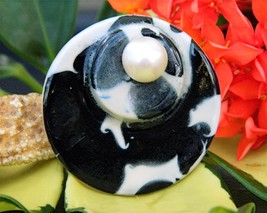 Vintage Black White Brooch Pin Round Circle Faux Pearl Porcelain - $16.95