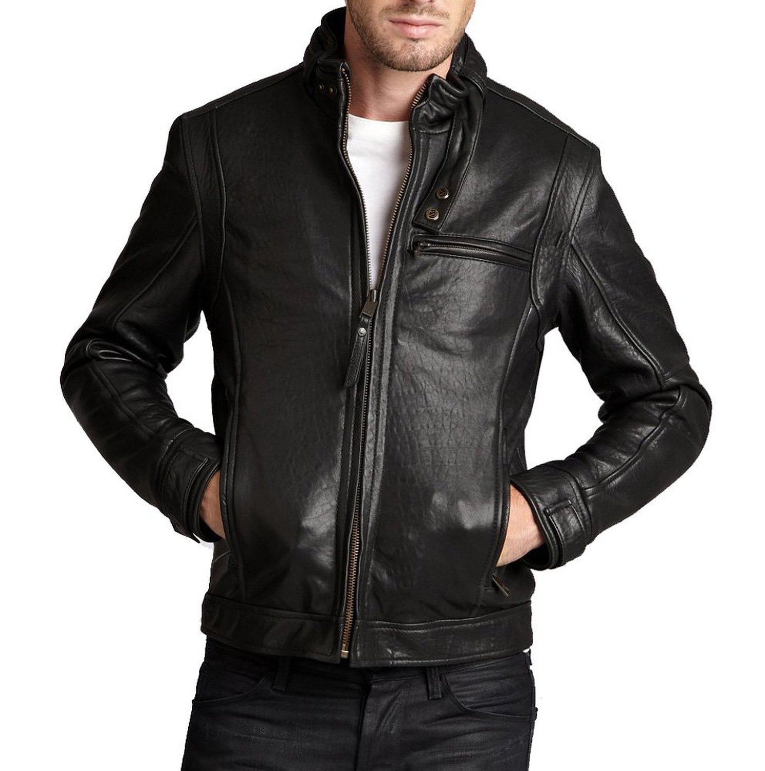 Mens Leather Jacket Black Belted Buttoned Collar Zipper Leather Jacket ...