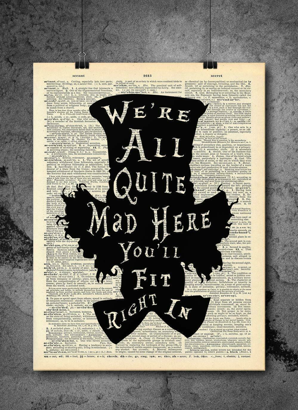 Alice in Wonderland Quote 8x10 Poster Print with Dictionary Backgound