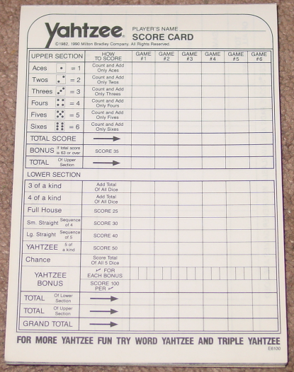 YAHTZEE ORIGINAL YAHTZEE 80 SCORE CARDS 1982 ES LOWE HAS 70 UNUSED ...