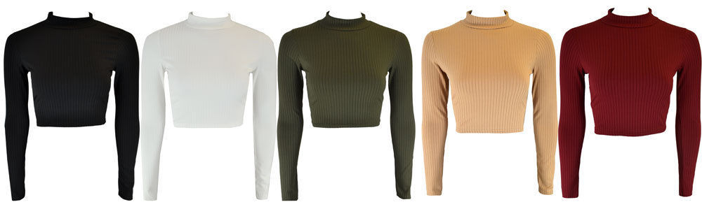 Image of New Womens Plain Ribbed Long Sleeve Turtle Neck Ladies T-Shirt Crop Top  -