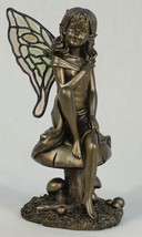 Fairy Pixie Figurine Sitting on Mushroom Toadstool 11" High Garden Bronzed Color image 2