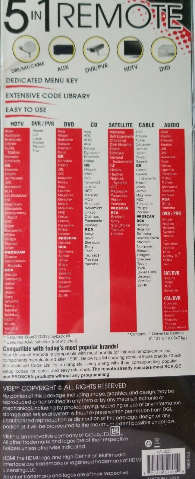 5 in 1 Universal Remote Control Vibe Axcess cable, DVR, PVR, HDTV, DVD Remote Controls