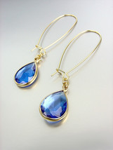 GORGEOUS Urban Anthropologie Blue Sapphire Crystal Gold Wire Dangle Earr... - $16.99