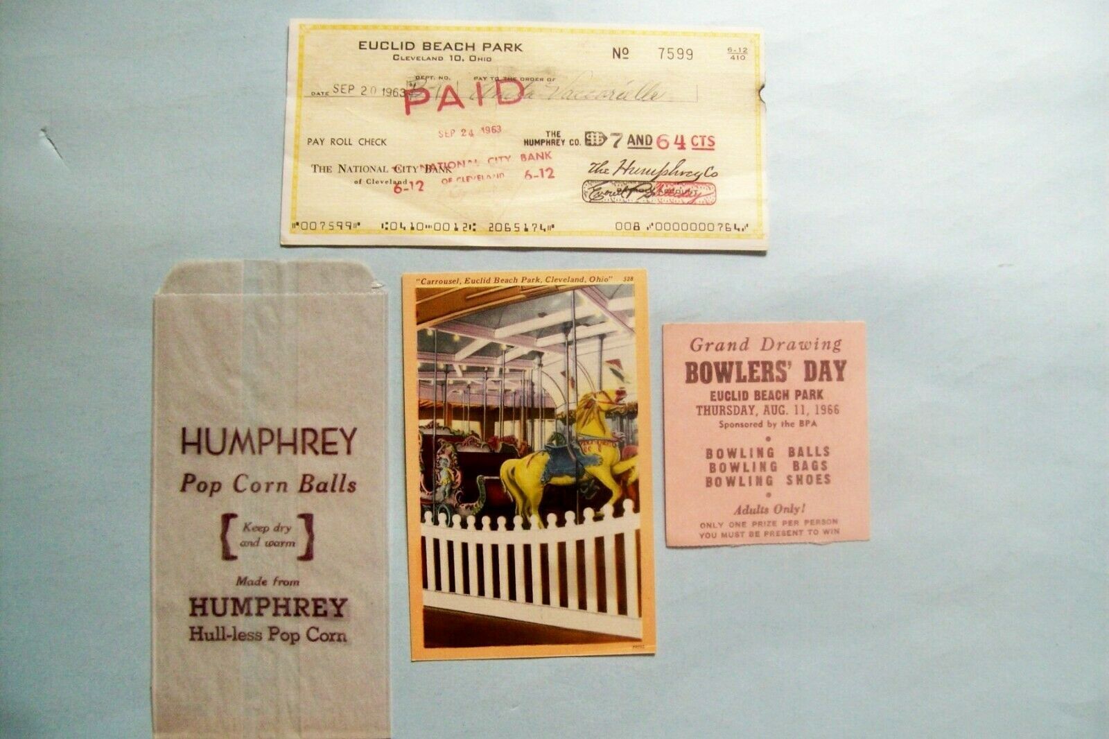 Four 1960s Euclid Beach Park Collectibles Check, Popcorn Ball Bag