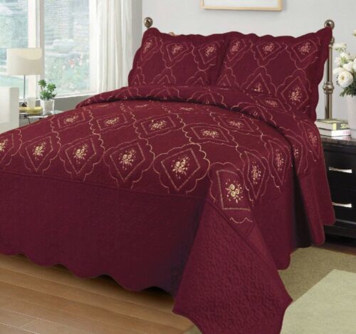ANNA FLOWERS EMBROIDERED BURGUNDY SOLID BEDSPREAD COVERLET SET 3 PCS KING SIZE
