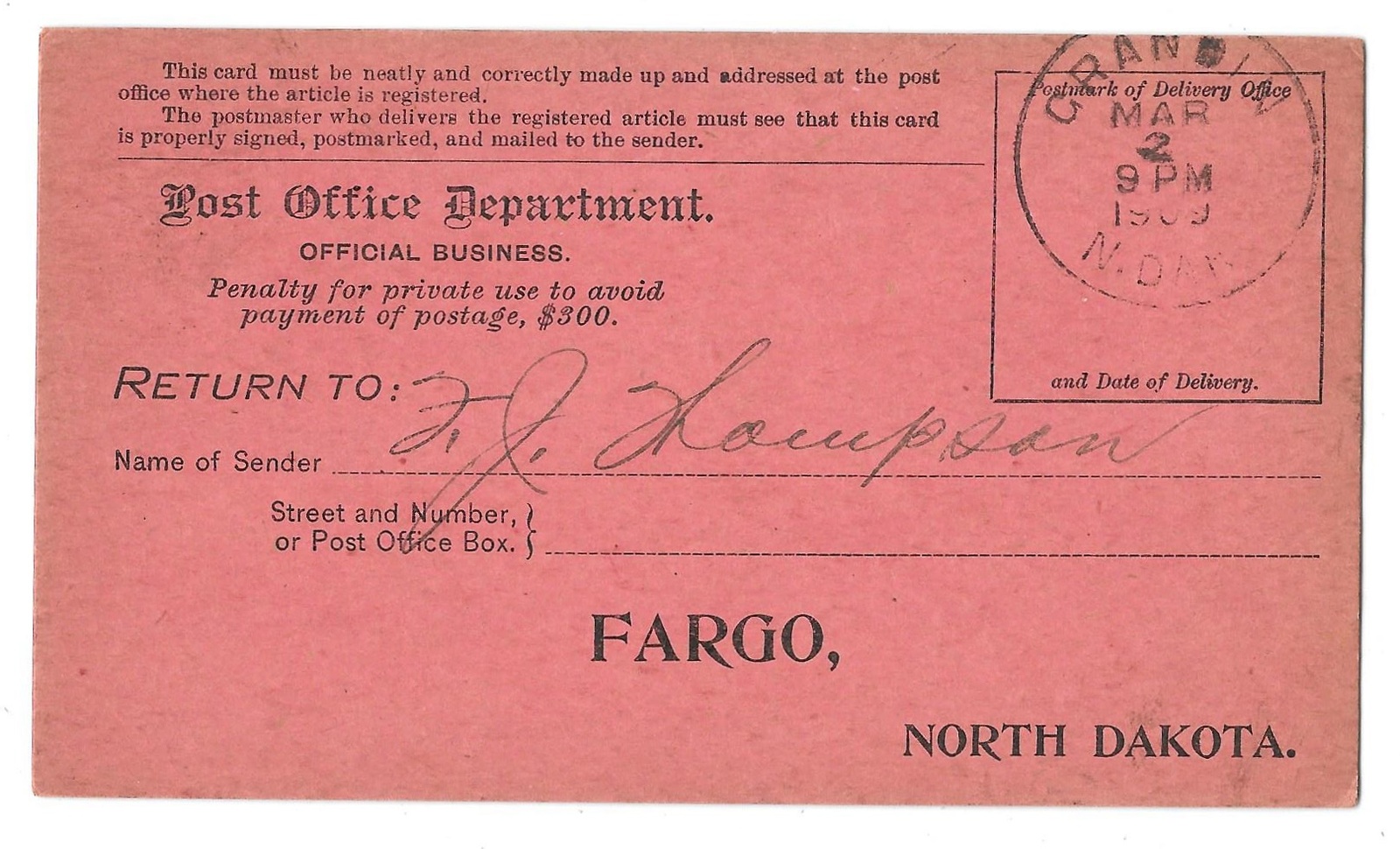 Post Office Official Business Registry Return Receipt Card Grandin 1909