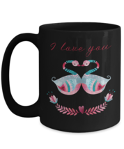 I Love You beautiful pink turquoise swans heart black ceramic coffee mug 11 15oz - $17.77+
