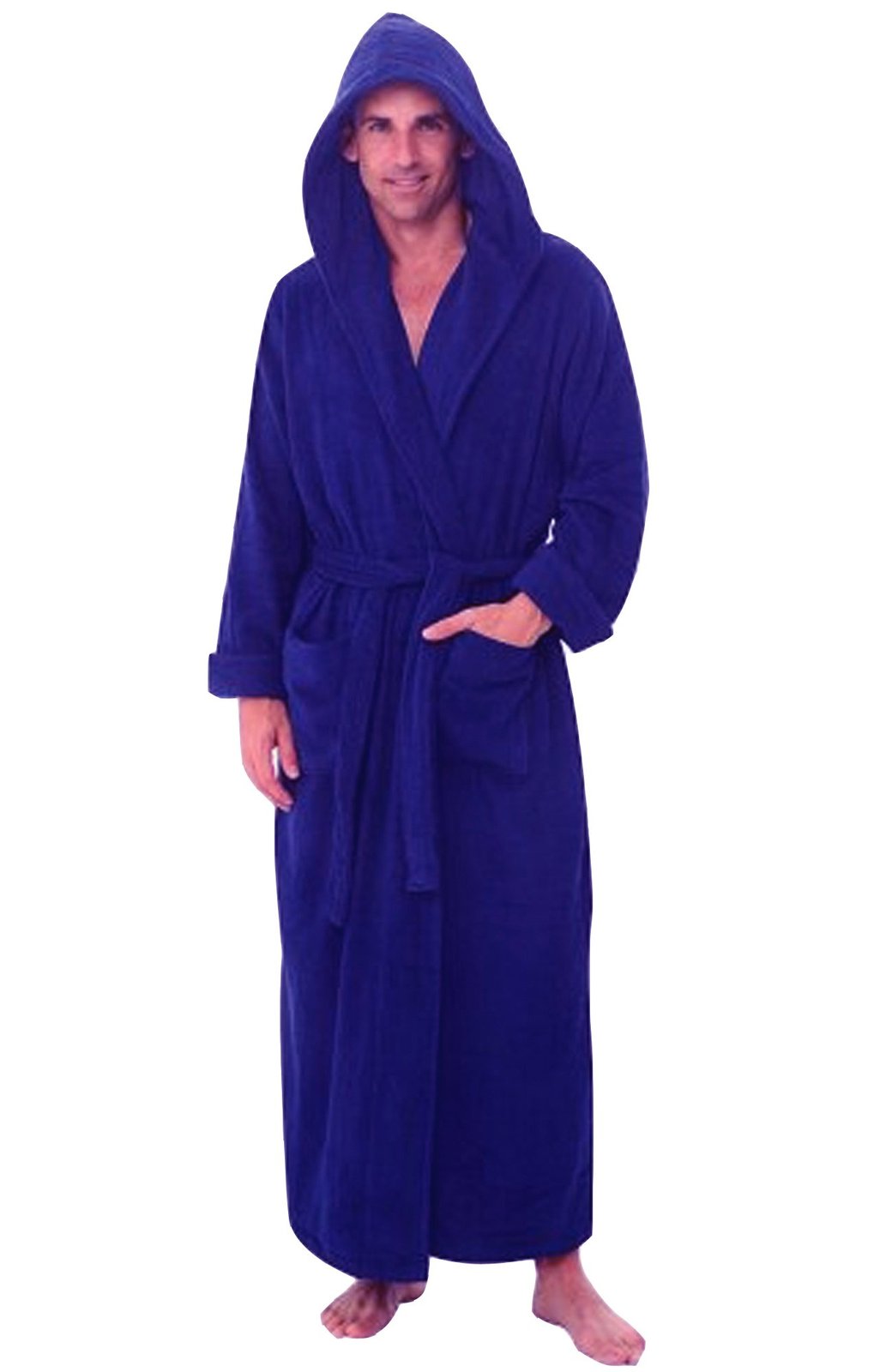 Royal Blue Hooded Terry Bathrobe 100% Cotton 50 Inches Long - Fashion