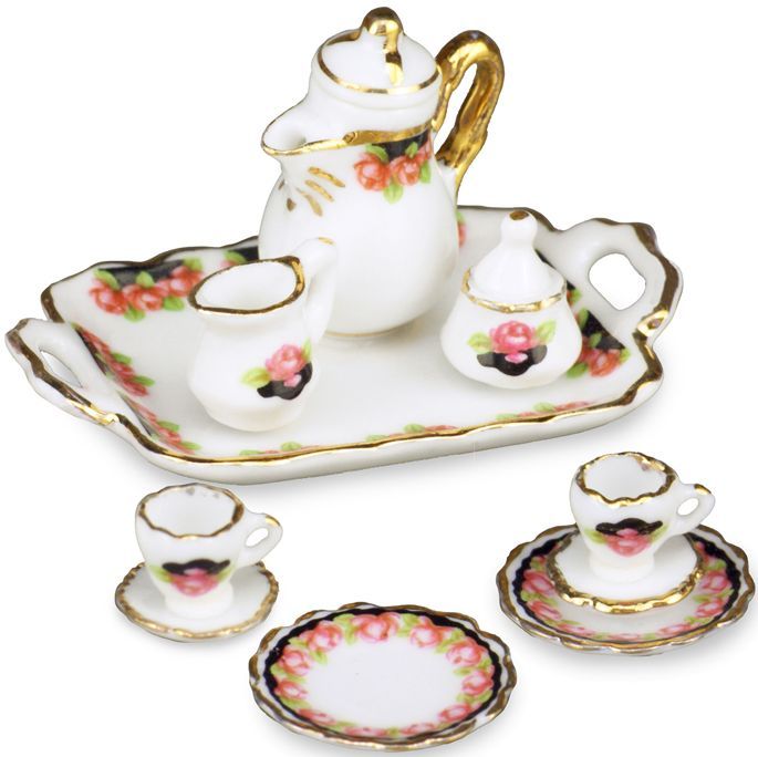 Primary image for Dollhouse Coffee Tea Set w Tray Black Rose 13428 Reutter for 2 Miniature 2015