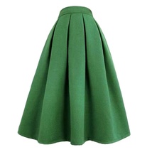 Green Winter Woolen Skirt Womens Green Warm Pleated Party Skirt Pockets Plus  image 3