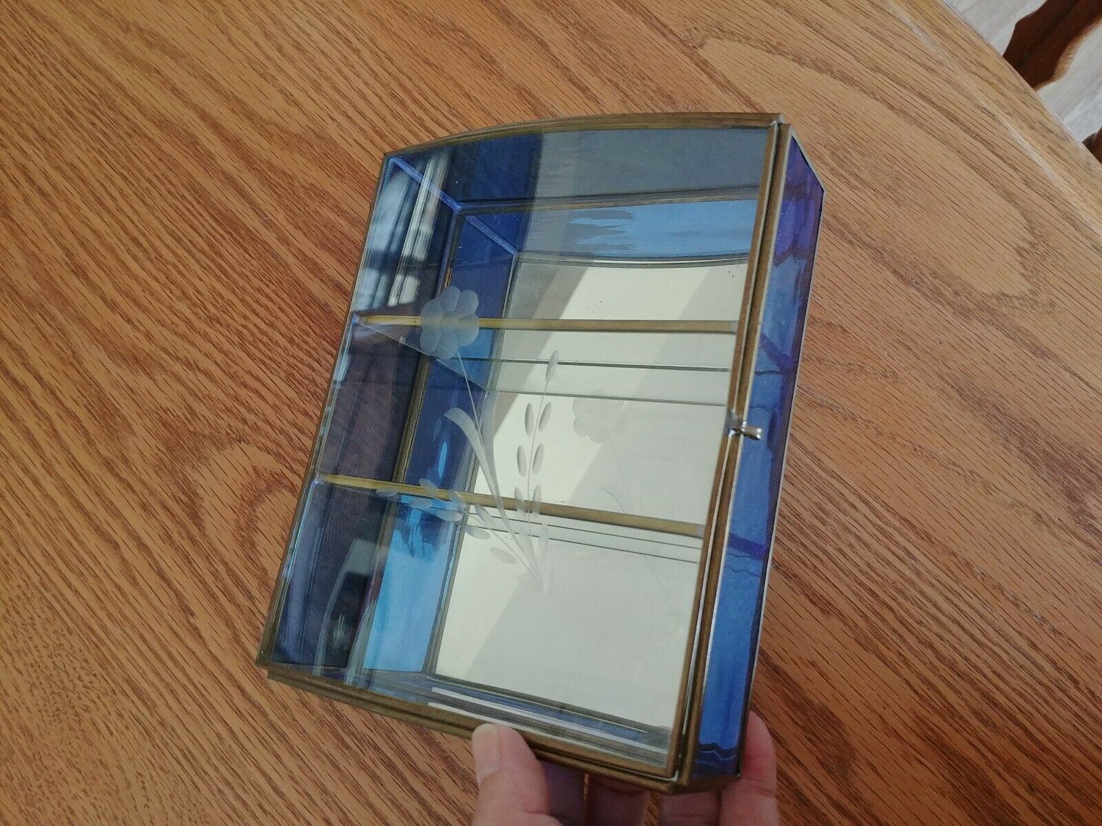 Brass & Glass Curio Blue Etched Jewelry Trinket Box Display Case