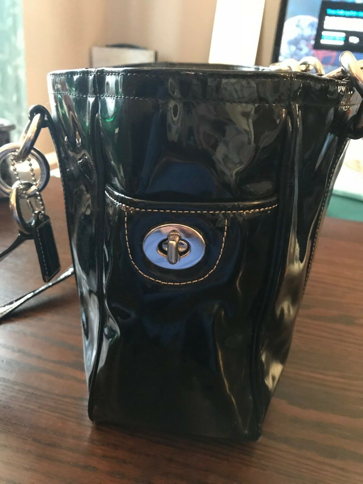 Used COACH Black Patent Leather Shoulder Bag Silver Hardware Women