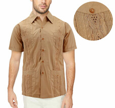 Men's Cuban Beach Wedding Button-Up Khaki Embroidered Guayabera Dress Shirt