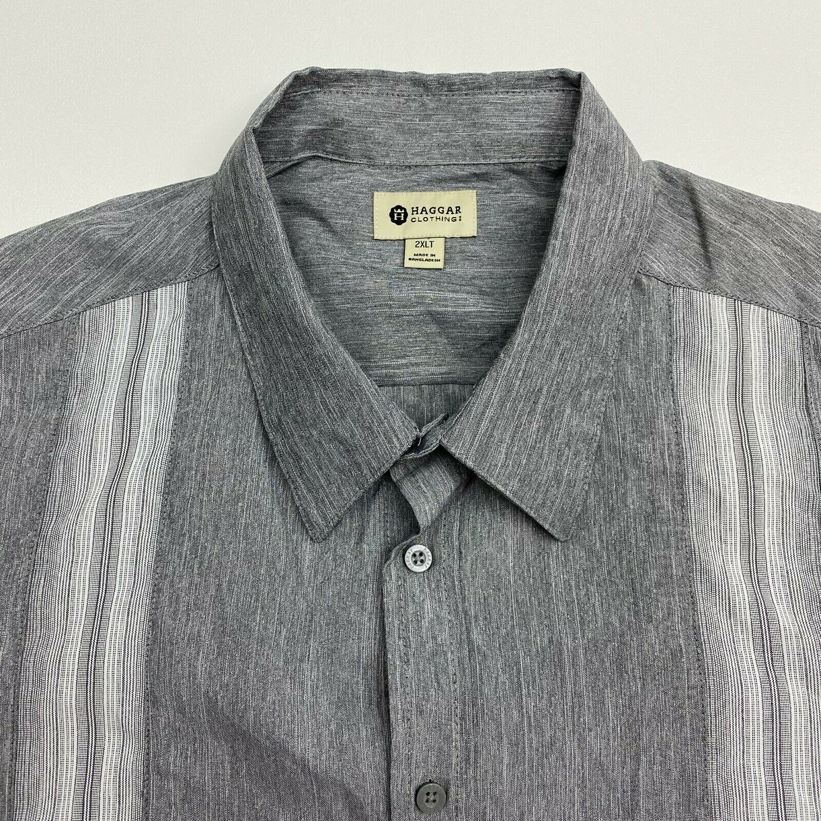 Haggar Button Up Shirt Mens XXLT Gray Stripe Polyester Short Sleeve