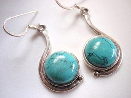 Simulated Round Turquoise 925 Sterling Silver Dangle Earrings Large 814b8 - $11.69