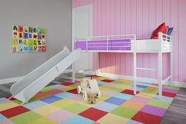 DHP Junior Twin Metal Loft Bed with Slide, Multifunctional Design, White with - $322.99