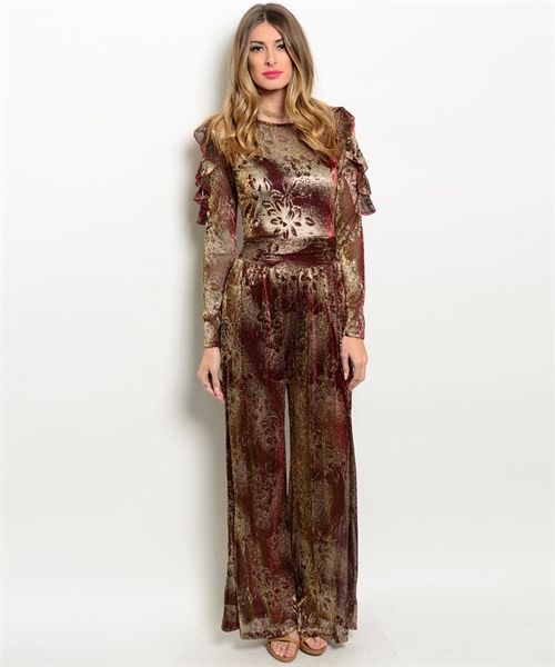 Image of Sexy Wine and Gold Chiffon Lined Jrs Party Romper Jumpsuit S, M, L USA