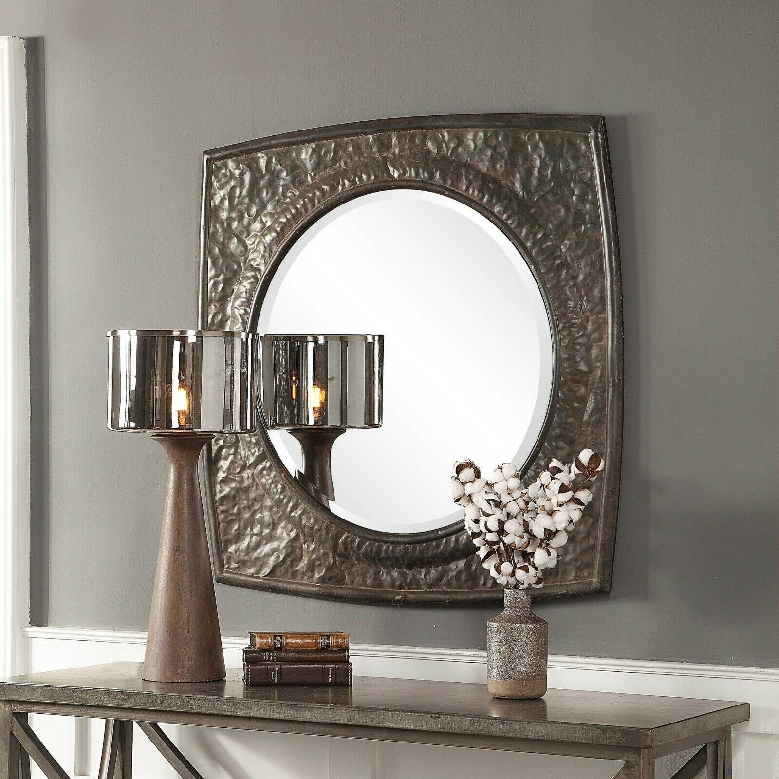 TWO URBAN INDUSTRIAL HAMMERED RUSTIC IRON XXL 39" WALL VANITY MIRRORS