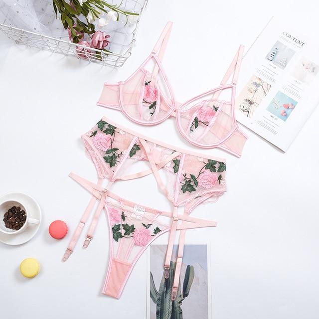 Yimunancy Floral Embrodiery Lace Lingerie 3 Piece Set Sexy Underwear Women Bra a