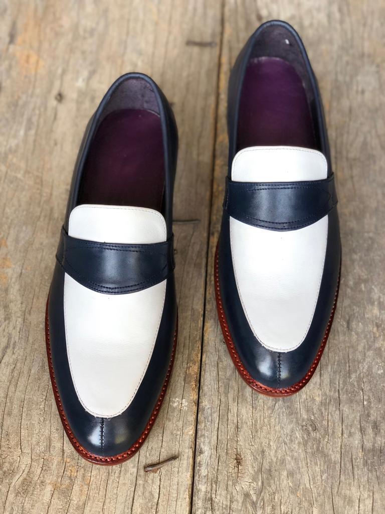 New Handmade Men Black & White leather loafer dress shoes unique