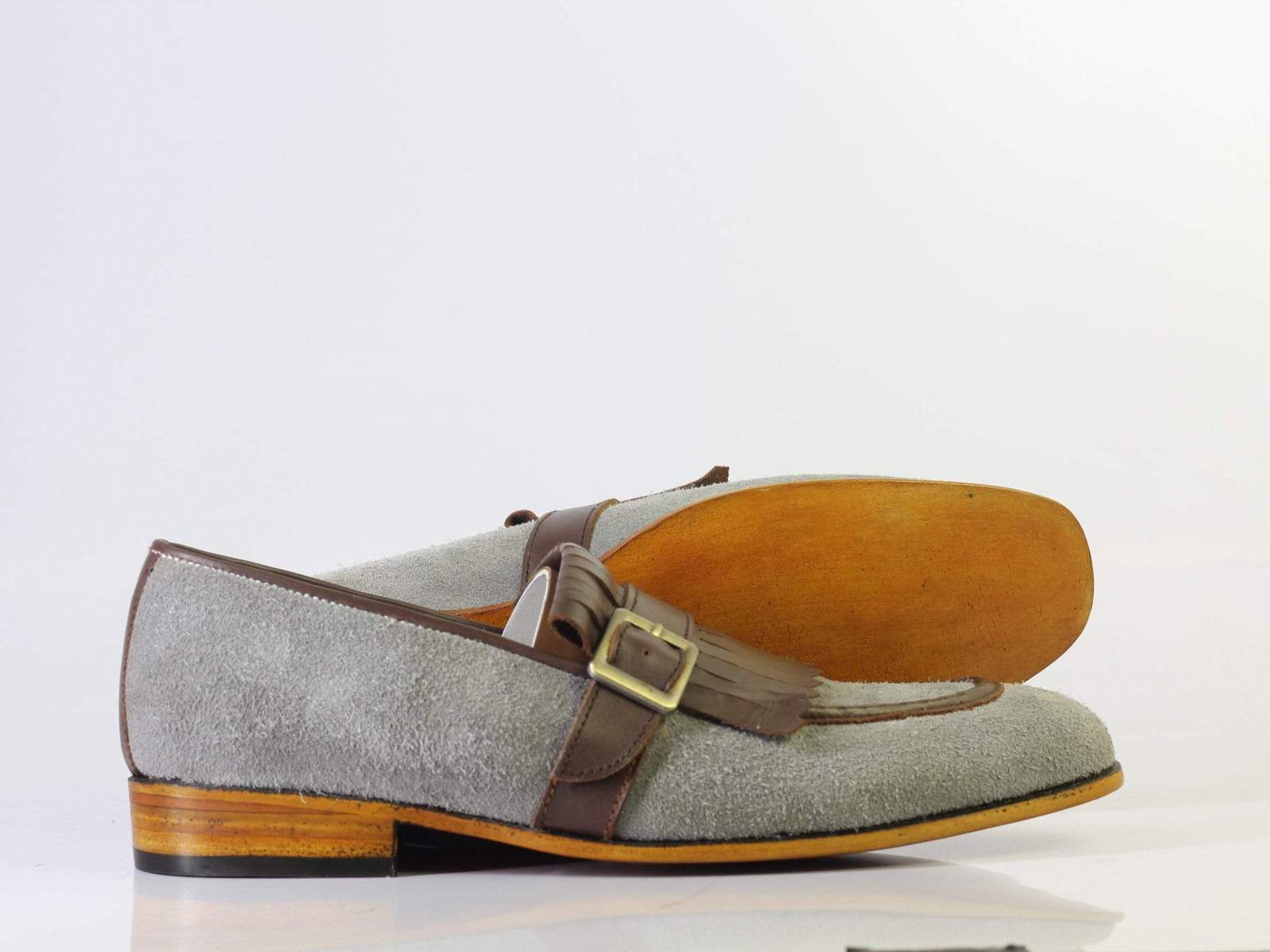 Bespoke Grey & Brown Buckle Leather Fringe Loafers for Men's - Dress/Formal