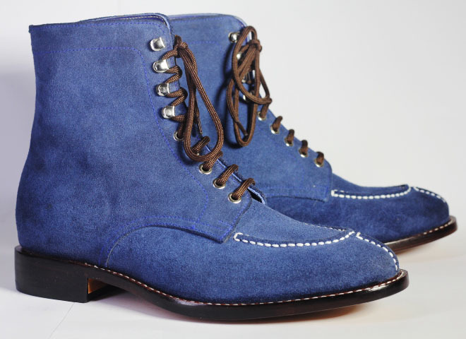 Handmade Men Blue Split Toe Suede Ankle Boots, Men Lace Up Designer Fashion Boot