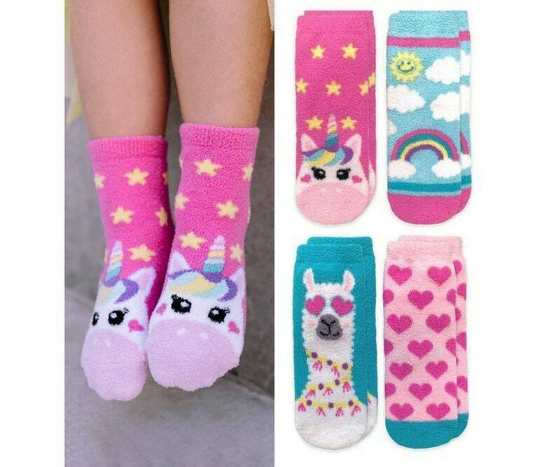 Jefferies Socks Girls Fashion Rainbow Unicorn Stripe Fuzzy Non-Skid Slippers 2PK