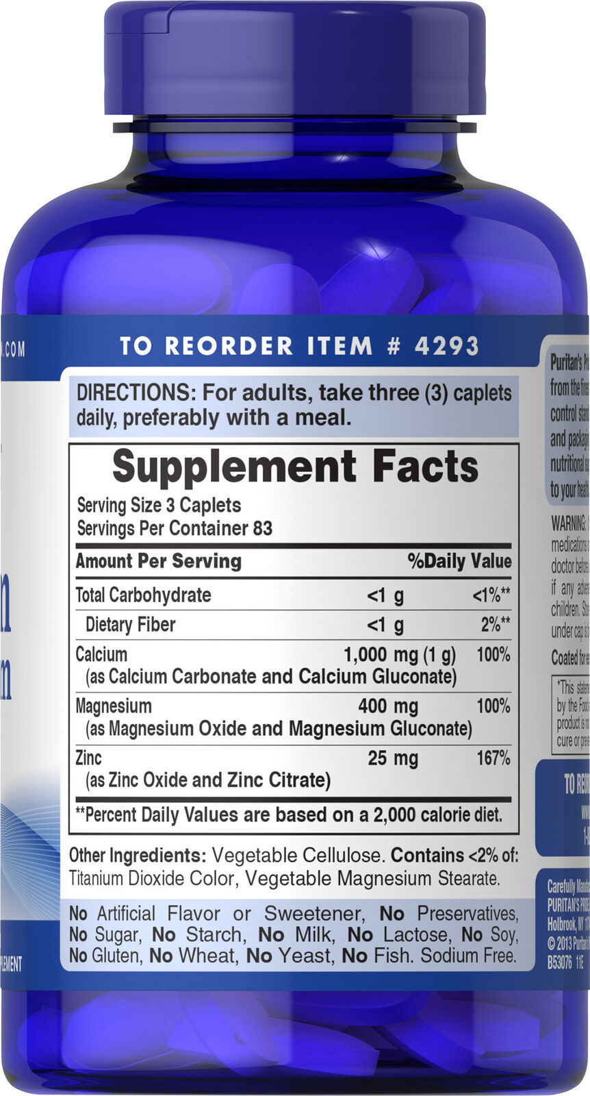 Puritan's Pride Chelated Calcium Magnesium Zinc 250 Caplets