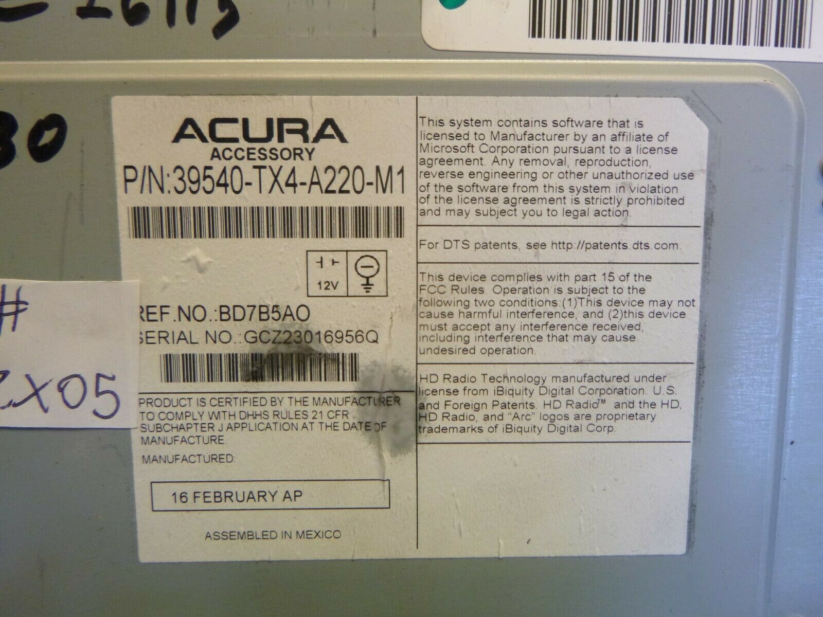 16 17 18 Acura RDX Radio GPS Radio Cd & Code 39540TX4A220 ZZX05 Other