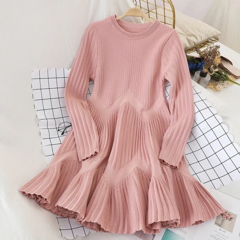 New pink knitted long sleeve A-line women short pleated knit dress fall winter